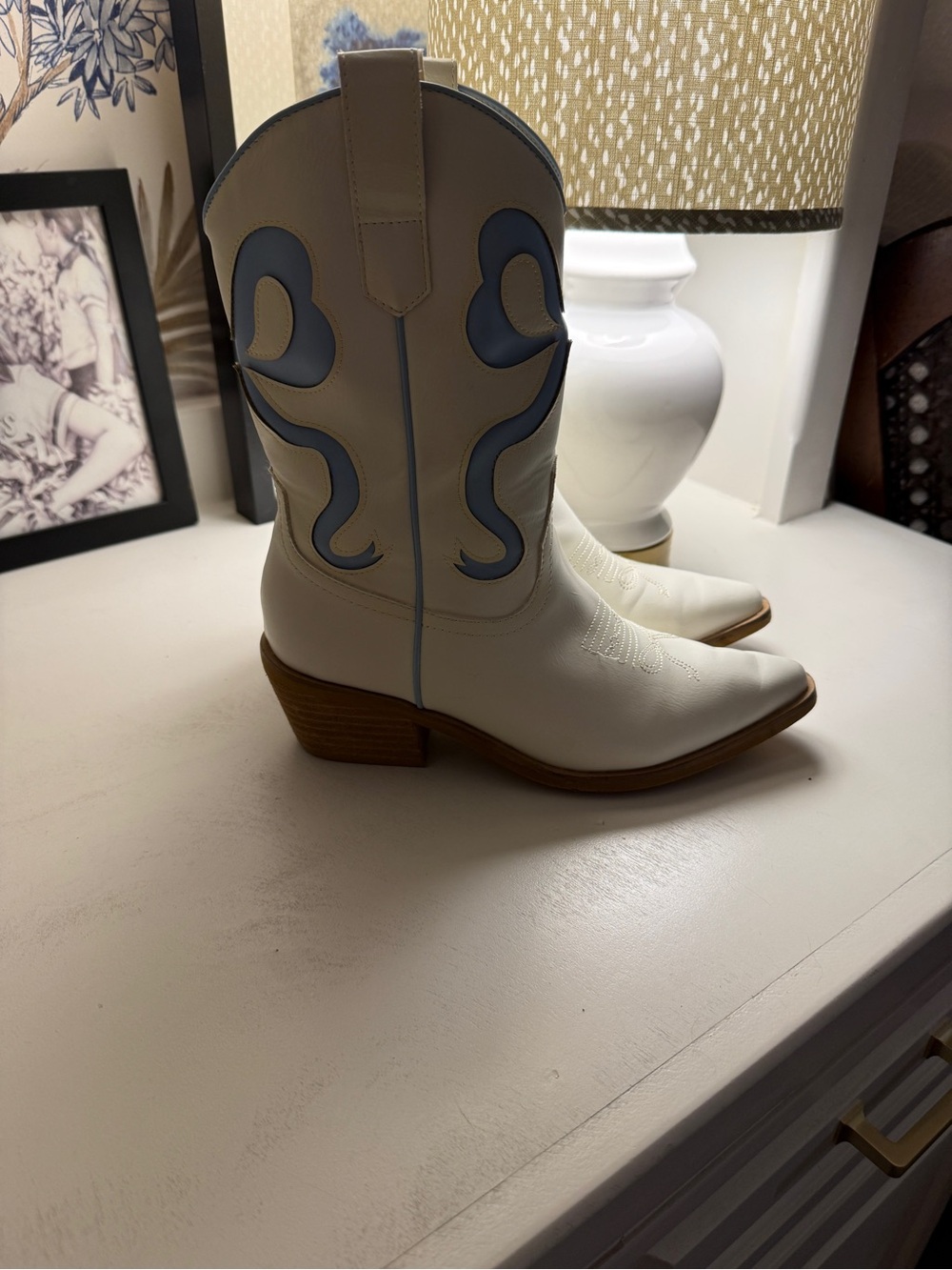 White Western Mid-Calf Boots with Blue Accent